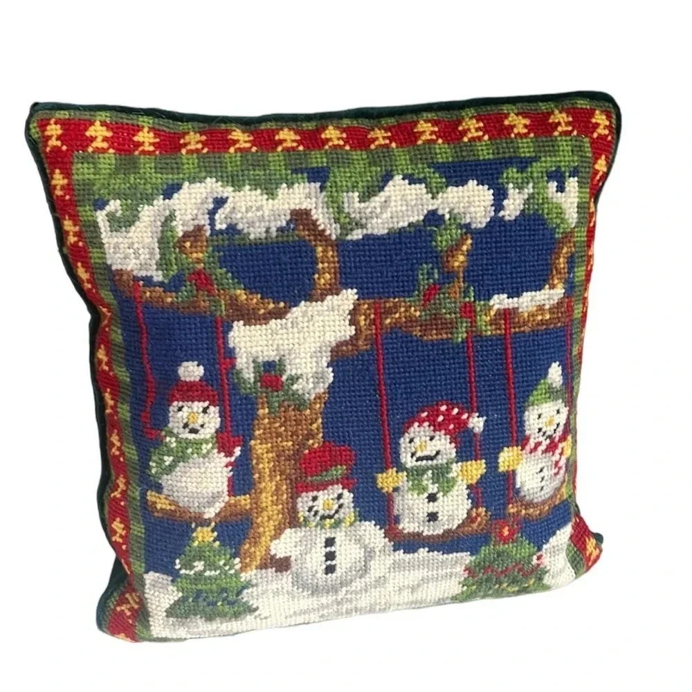 Vintage Handmade Cross Stitched Christmas Pillow Snowmen on Swings Velvet Back